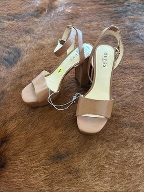 GUESS Women's Tan Platform Ankle-Strap Block Heels